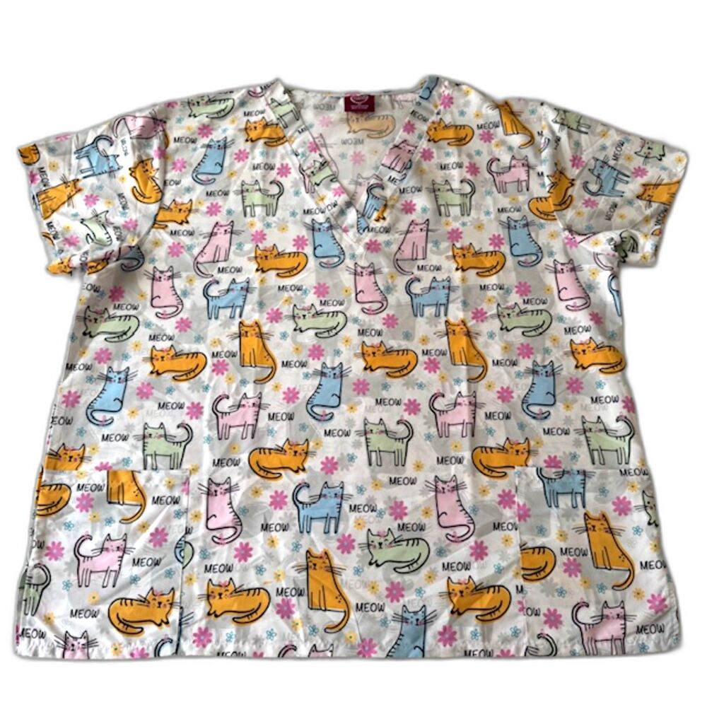 Women’s Divine Curves Scrub Top 3X Cats V-Neck White Pockets Veterinary EUC Meow